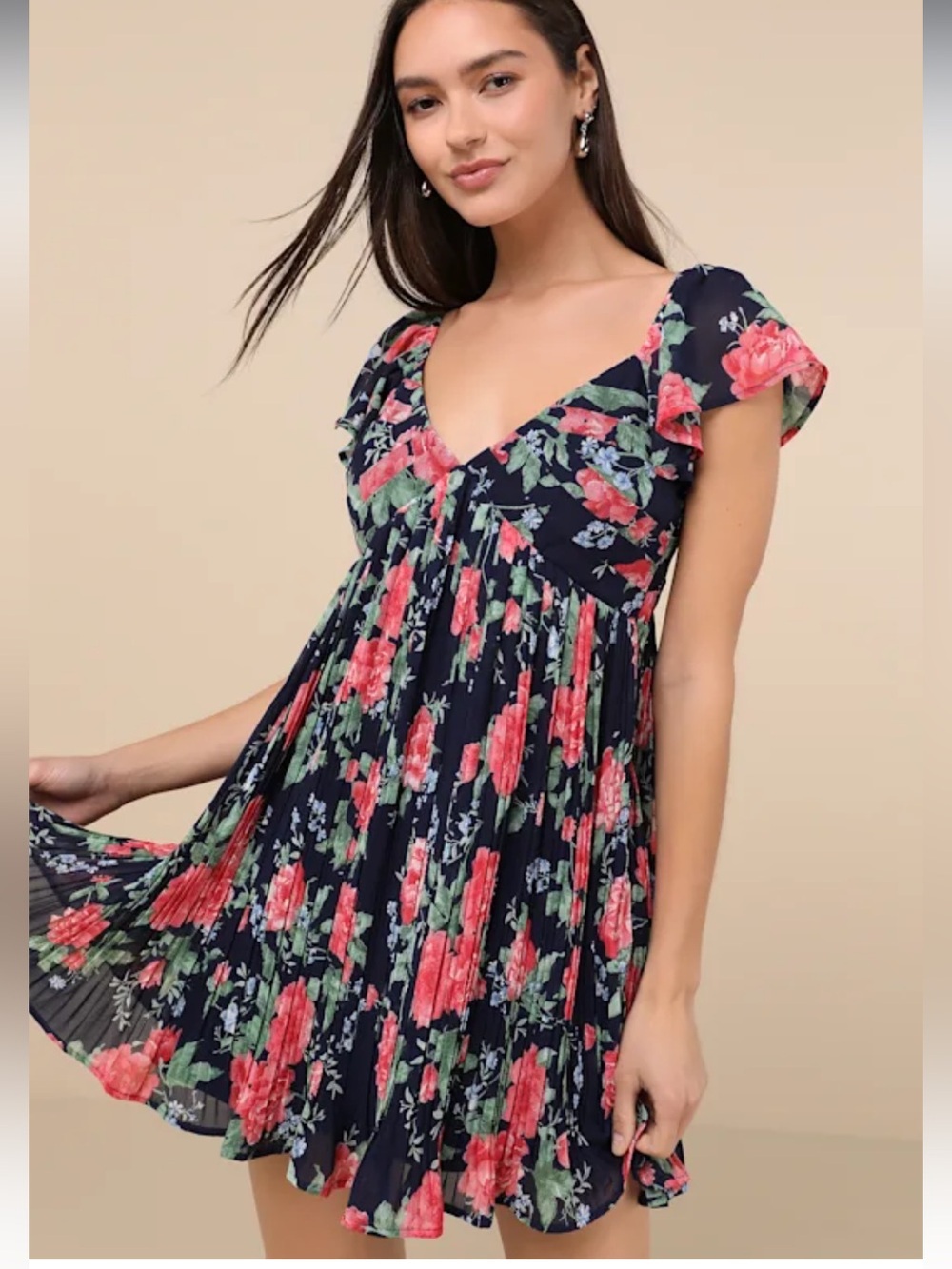 Lulus Amalfi Coast Dark Navy Floral Pleated Flutter Sleeve Mini Dress Size XS